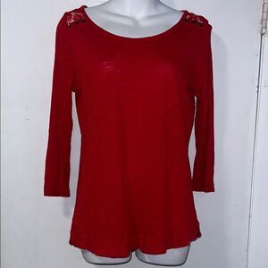 EXPRESS Red Burnout Cotton Modal Lace Yoke 3/4 Sleeve Top-S